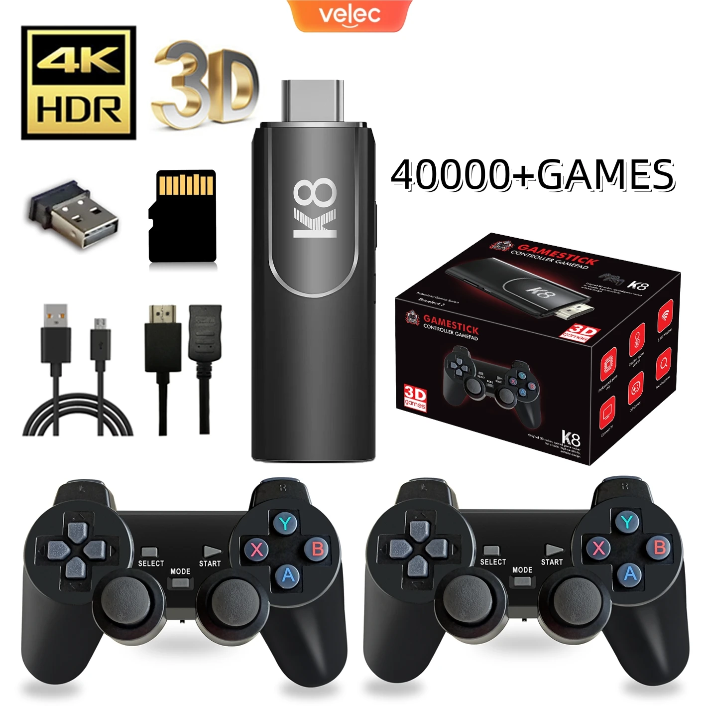 K8 Game Stick 4K HD Retro Video Game Console 64G 40000+ Games 40+Simulators Dual Wireless 2.4G Controller Console for Kids Gift 