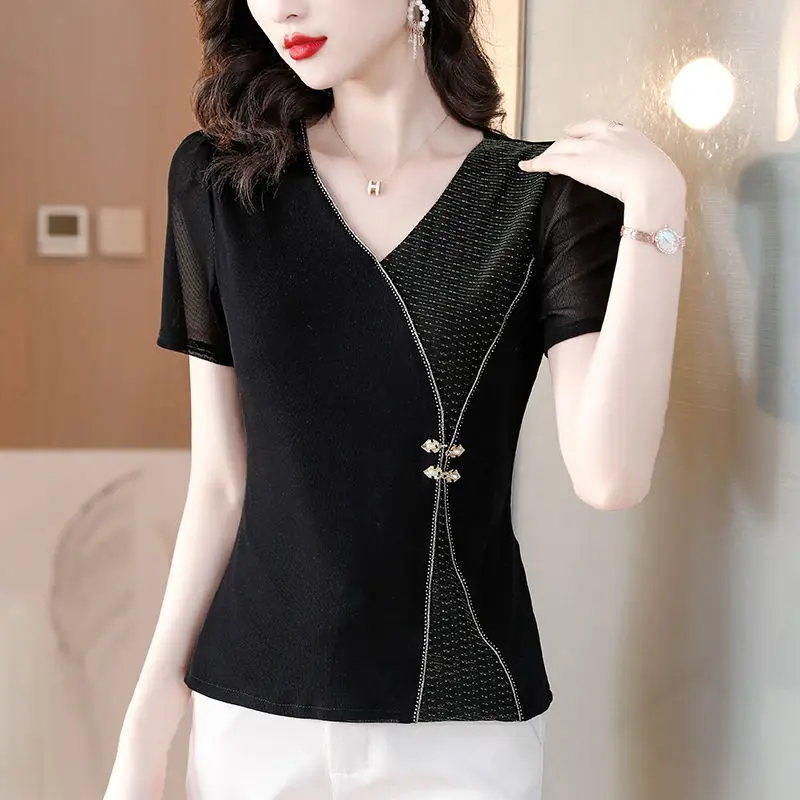 

New Summer Women's Solid Color Splicing V-Neck Short Sleeve Slim Gauze Pullovers Appear Thin Fashion Korean Commute Tops