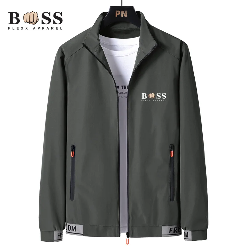 

2024 Men's FLEXBSS jacket, men's zippered stand up collar shirt, solid color long sleeved sports shirt, waterproof, windproof