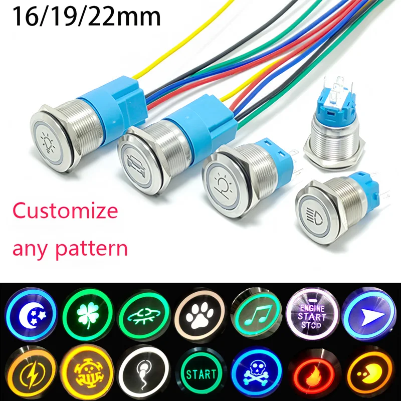 

16mm 19mm 22mm Custom Metal Push Button Switch Silver LED lamp Waterproof 12V 24V Start Light For Car Fog Switch Motorcycle