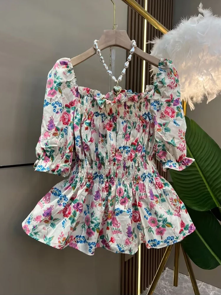 

Корейский женский модный топ больших размеров с квадратным воротником и цветочным принтом f Sve, новый летний маленький дизайн, универсальный