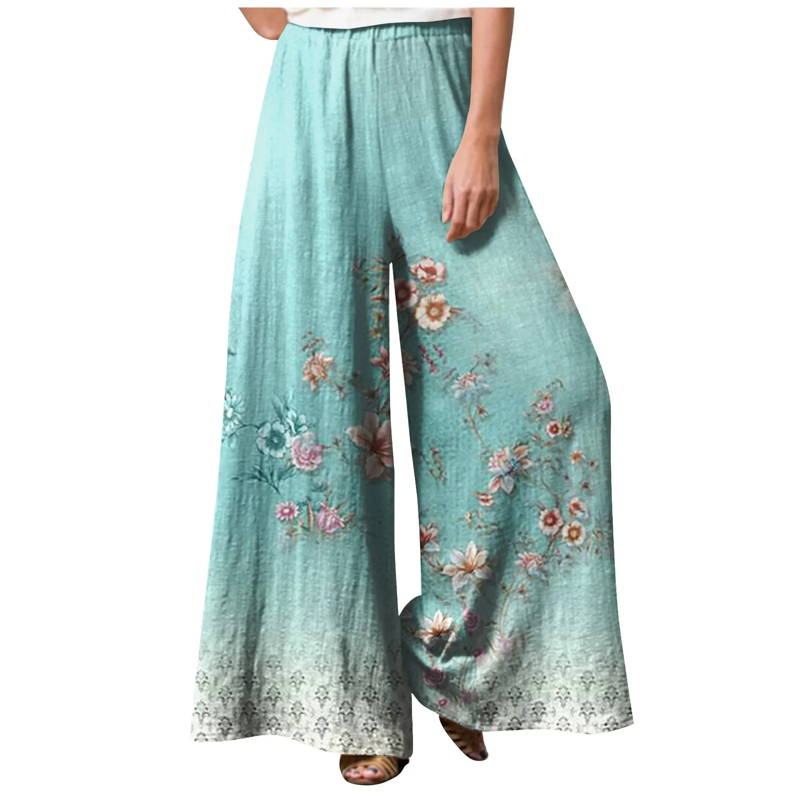 

Female Four-seasons Retro Floral Pring Casual Loose Pants Fashion Breathable Elastic High Waist Wide Leg Straight Trousers