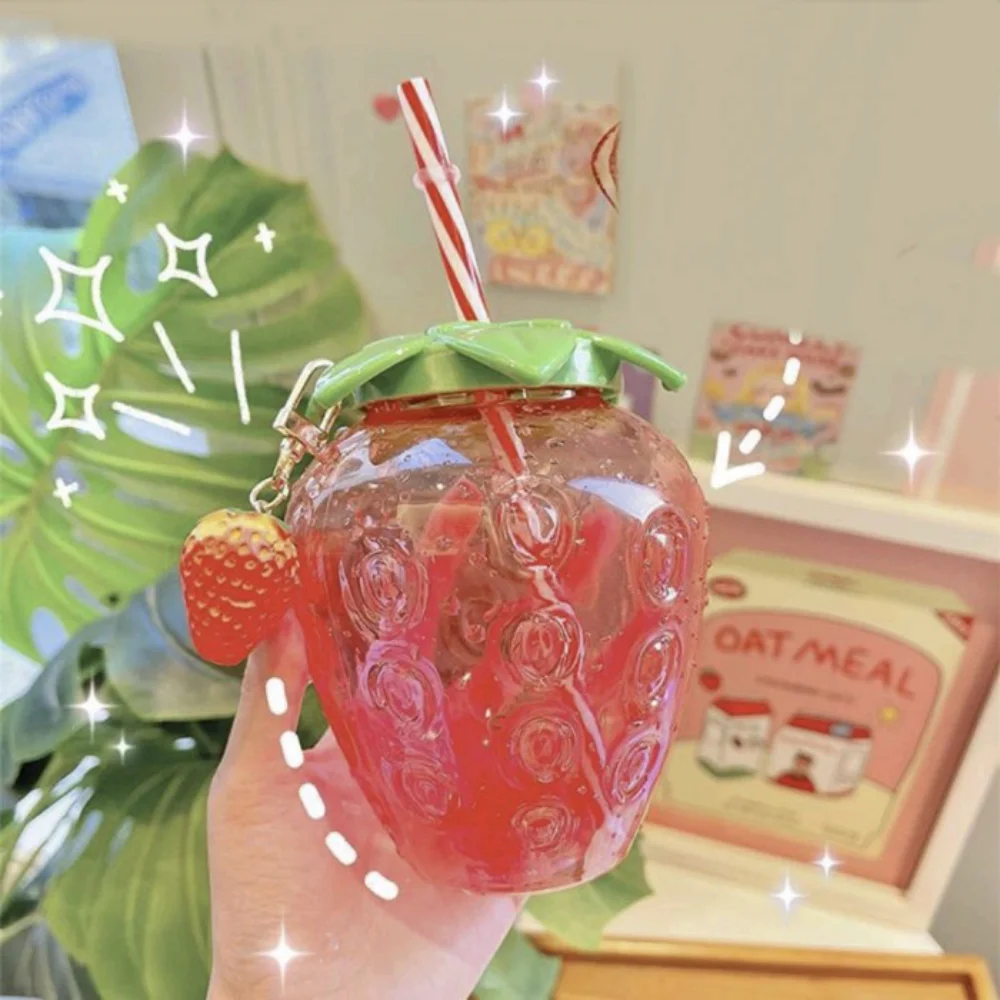 500ml Strawberry Straw Water Bottle Summer Cute Milk Coffee Straw Cup For Home Cartoon Water Bottle Juice Bottle Drinking Cup