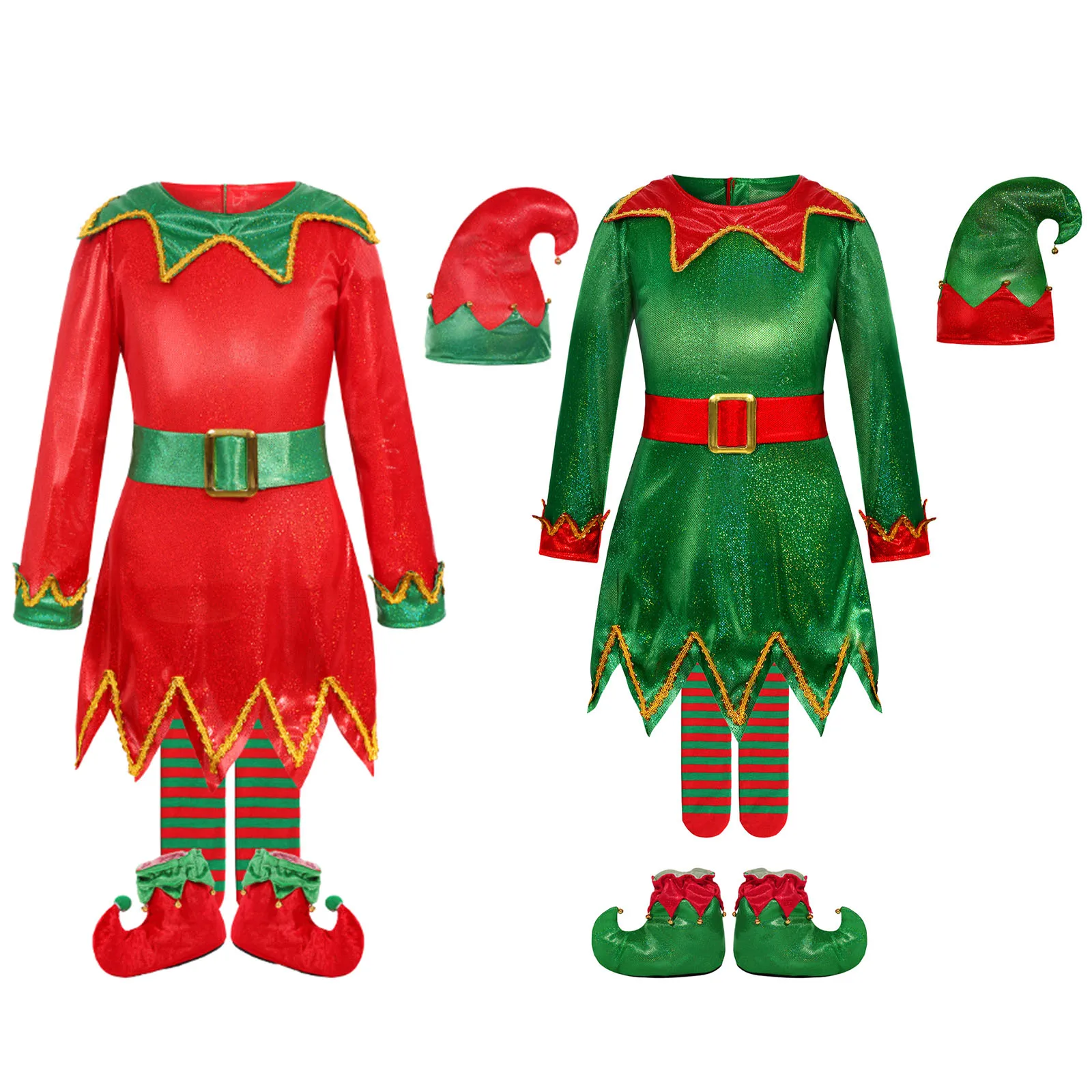 Girls Elf Christmas Costume Fancy Dress Up Outfit Long Sleeve Zipper Jagged Hem Dress Xmas Hat Stripe Socking And Shoes Set #5