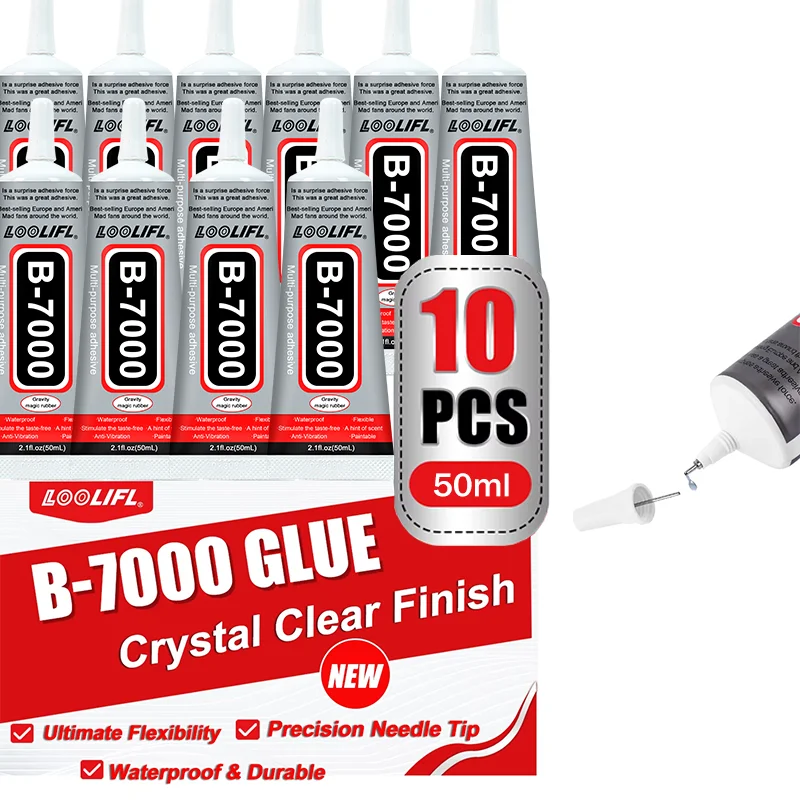 L0Olifl B7000 Glue 50ml Multi-Purpose Crystal Clear Glue, Ultimate Flexible Waterproof and Durable Adhesive with Precision Needle Tip, Strong Transparent Adhesive Suitable for Jewelry Making, Imitation Stone Fixing, Mobile Phone Screen Repair, Acrylic, Metal, Glass, Leather, Wood DIY Crafts, Jewelry Repair, Shockproof Coating, and More 10-Piece Optional Set of Transparent Glue, Ultimate Flexible, Waterproof, and Durable Adhesive.