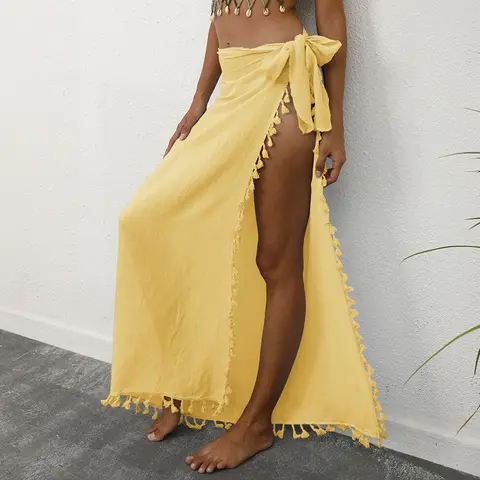 Women Swimsuit Pareo Scarf Beach Cover Up Wrap Kaftan Sarong Tassels See-Through Tied High-Waist Split Skirt Beachwear for Mujer