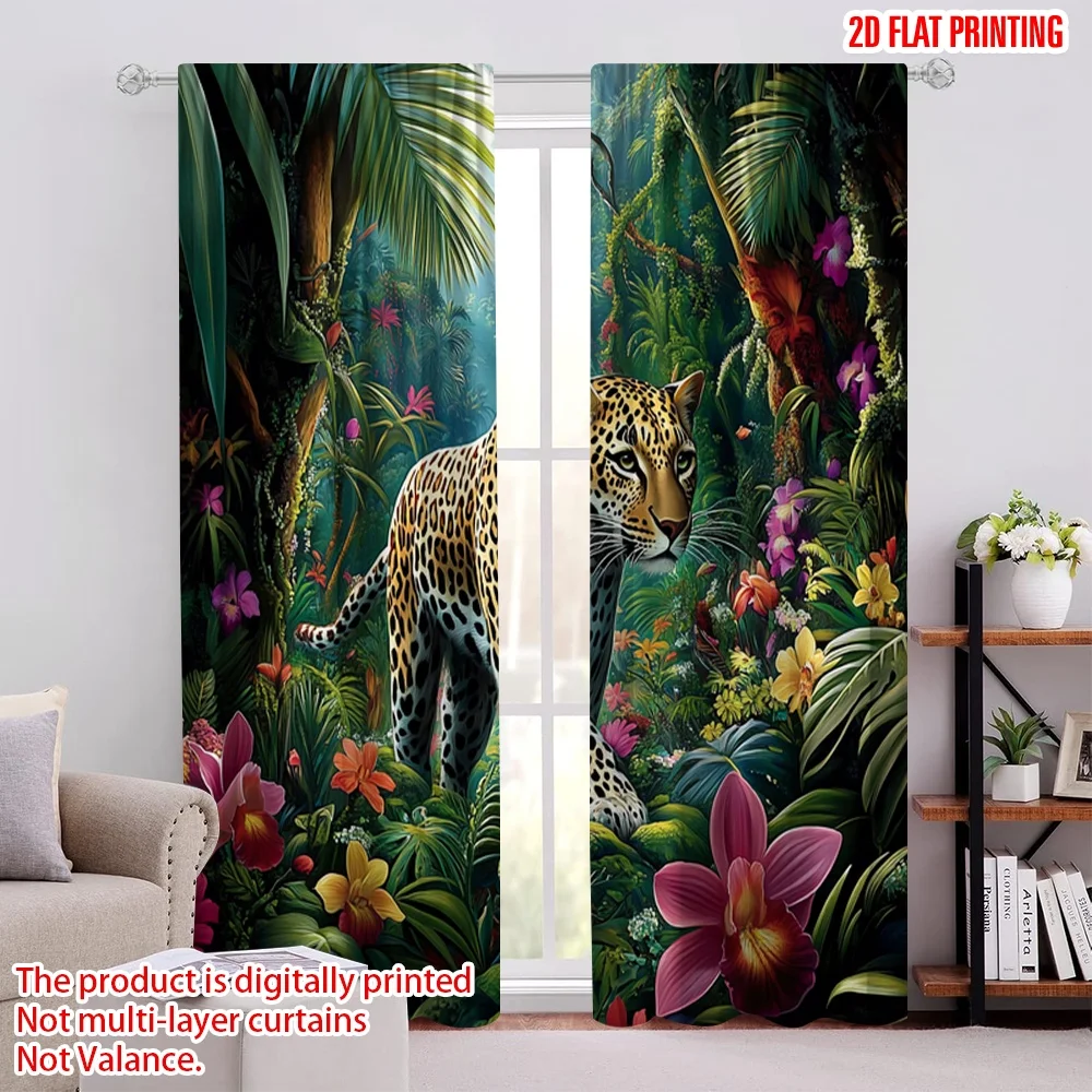 

2Pcs 2D Flat PrintingWild Leopard In A Colorful Floral Jungle Rainforest Palm For Living Room Bedroom And Dining Room