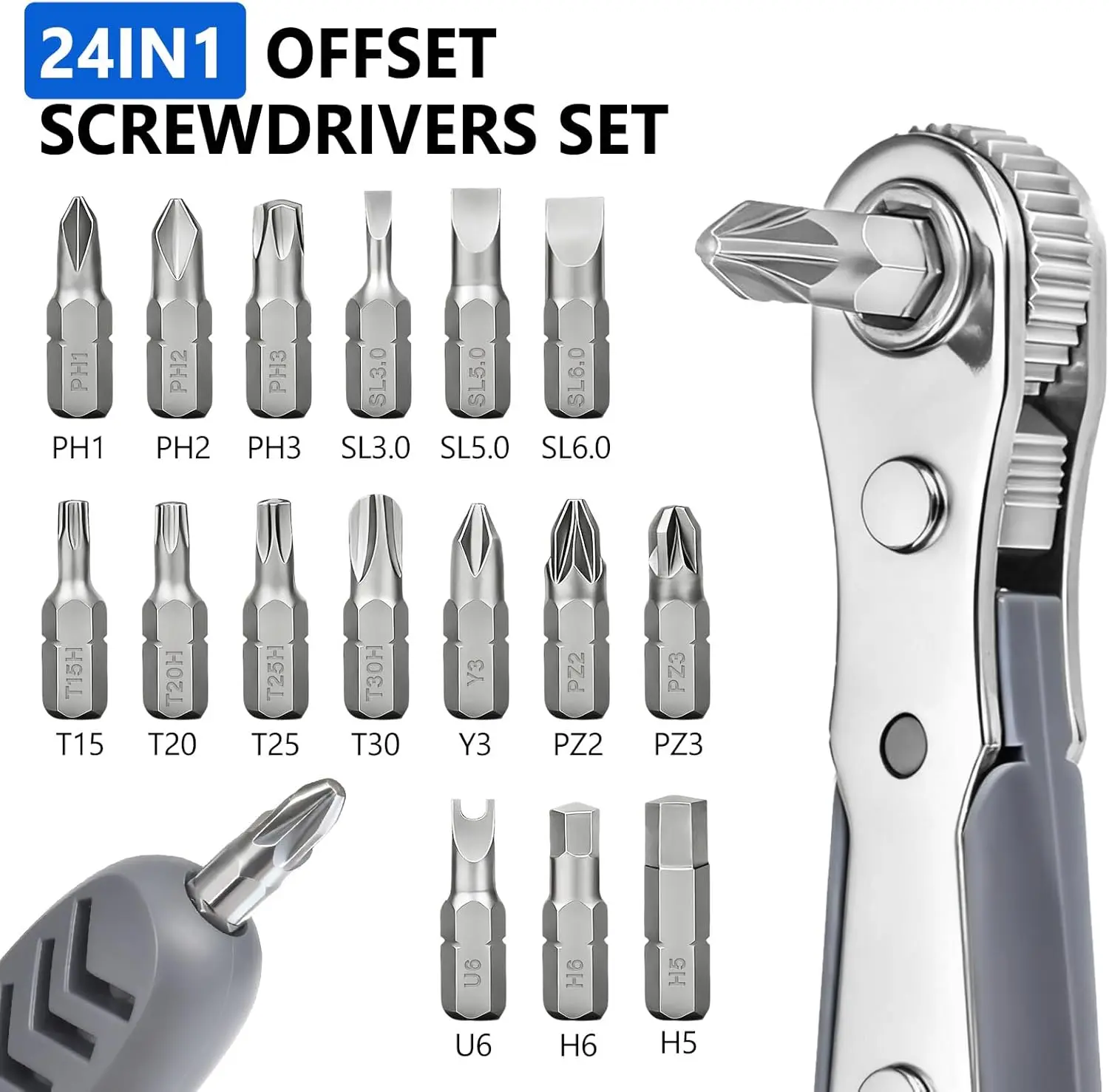 24in1 Right Angle Screwdriver, 36-Tooth Magnetic Ratchet Wrench, Low Profile Offset Tool for Tight Spaces, Repair Kit