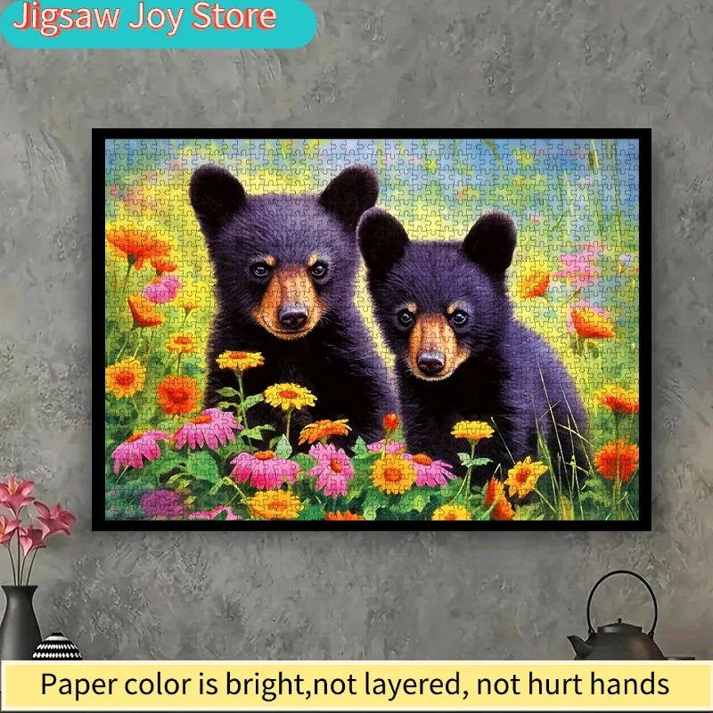 ปริศนากระดาษ DIY - หมีดำแสนน่ารักในทุ่งดอกไม้ วัสดุการ์ดสีขาวคุณภาพสูง เหมาะสำหรับเกมครอบครัว ตกแต่งบ้าน