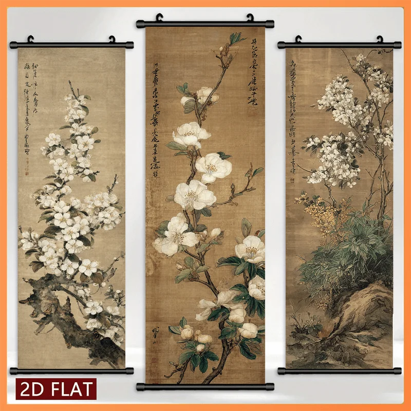 VIKAMA Antique Retro White Blossom Floral 3 Panel Hanging Painting Wall Art Scroll Silk Botanical Art Print Decor