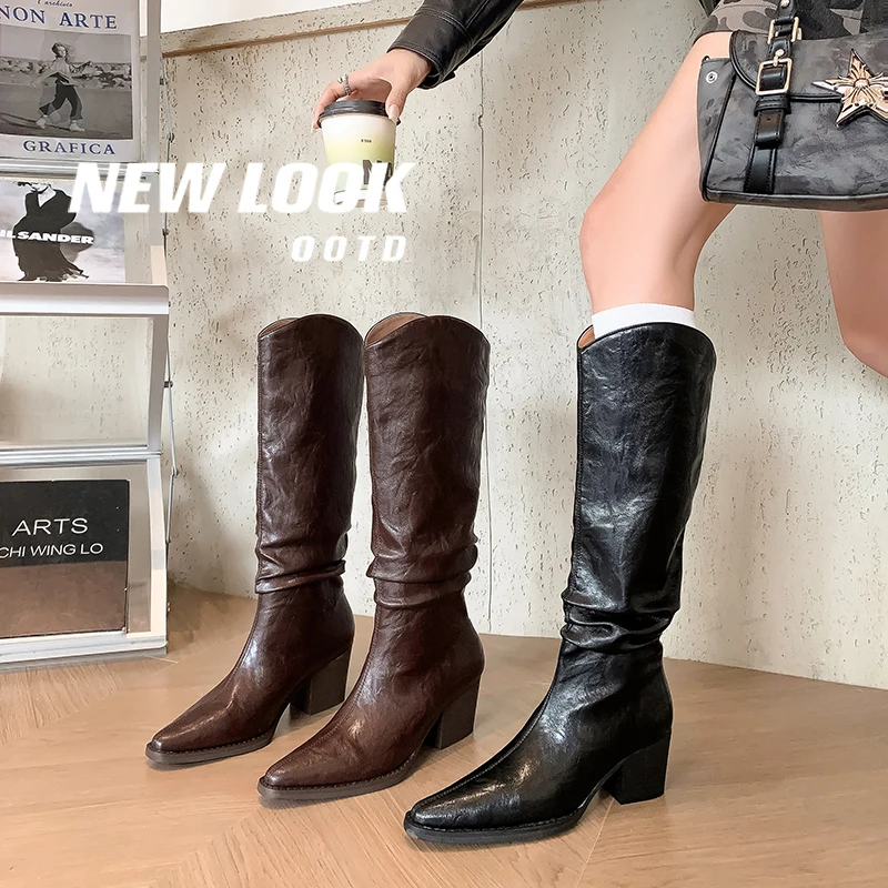 

Новинка 2026, осенне-зимние женские сапоги до колена, сапоги до колена из микрофибры высотой 22-25 см с маленьким квадратным носком, сапоги с манжетами без приборки, длинные сапоги