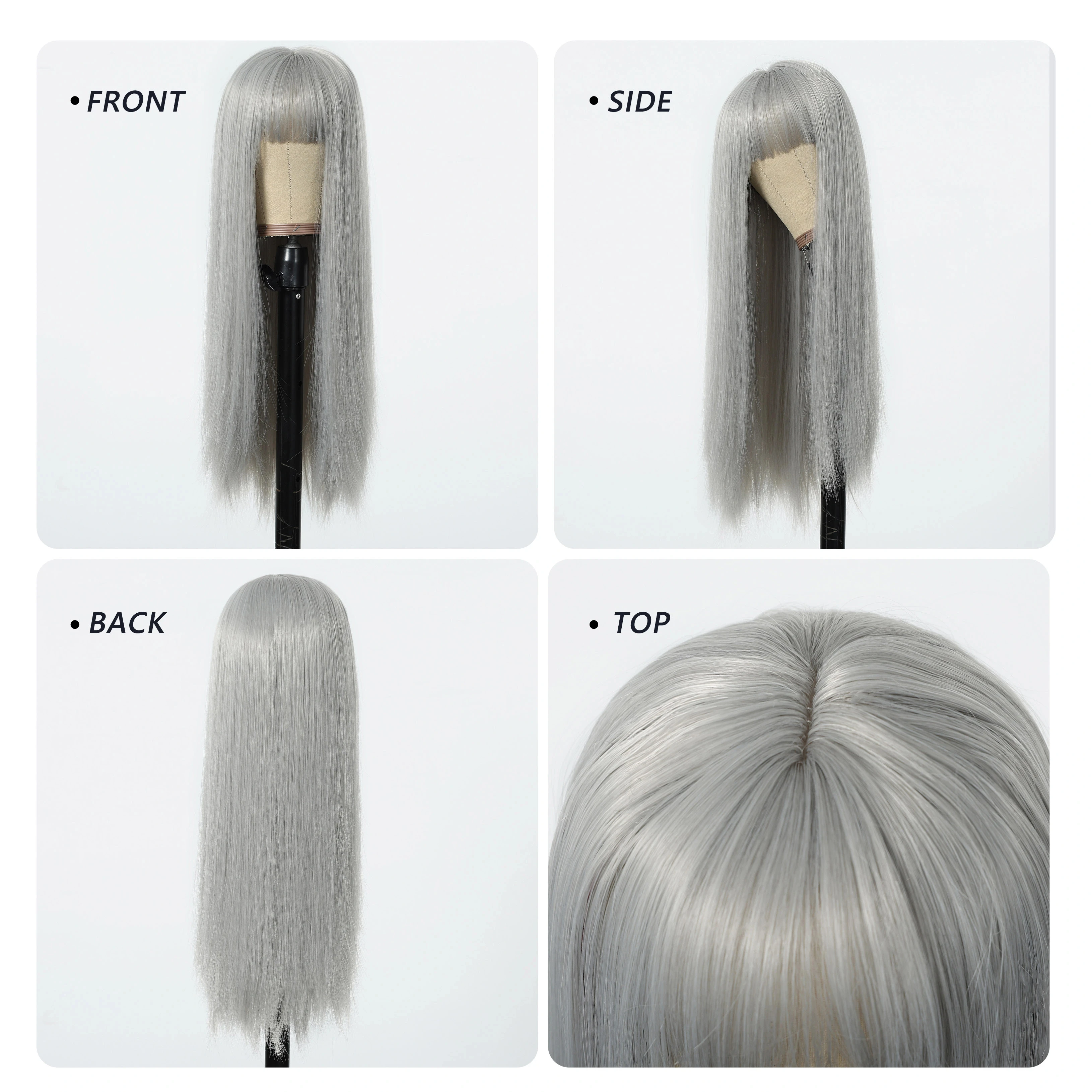 Perruque droite synthétique Grandma Grey de 26 pouces pour cosplay d'Halloween et usage quotidien, ensemble de perruques en soie haute température