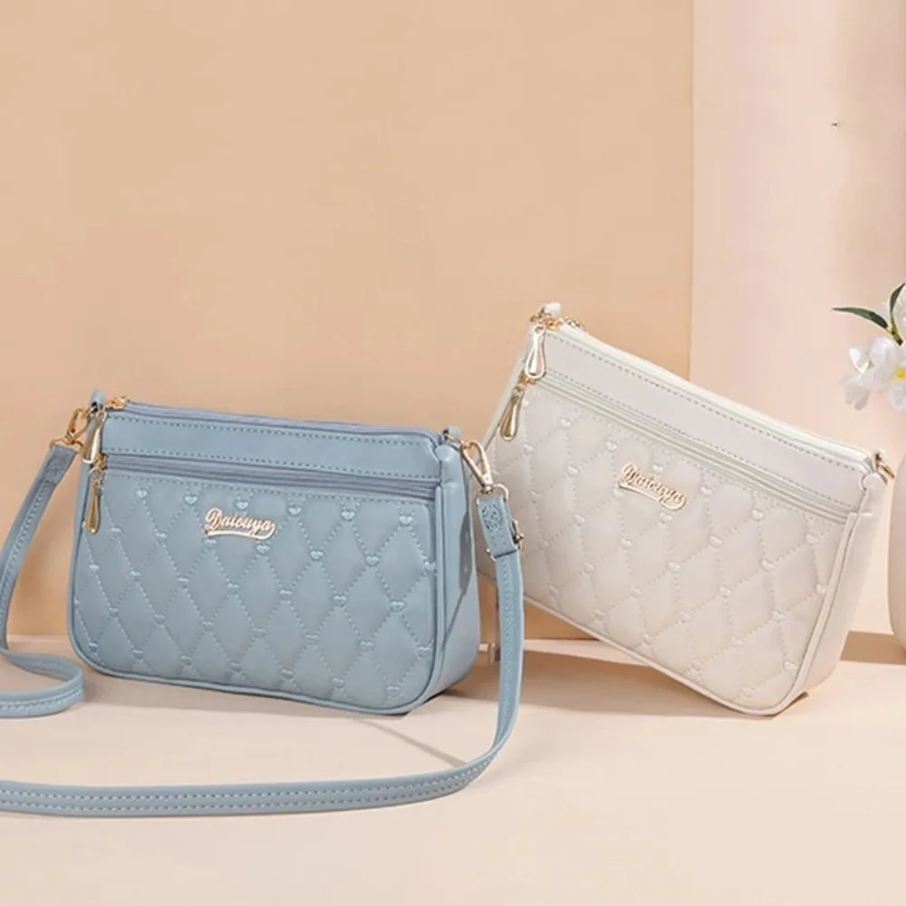 Portable PU Leather Crossbody Bag Large Capacity Lingge Embroidery Shoulder Bag Zipper Solid Color Messenger Bag Women