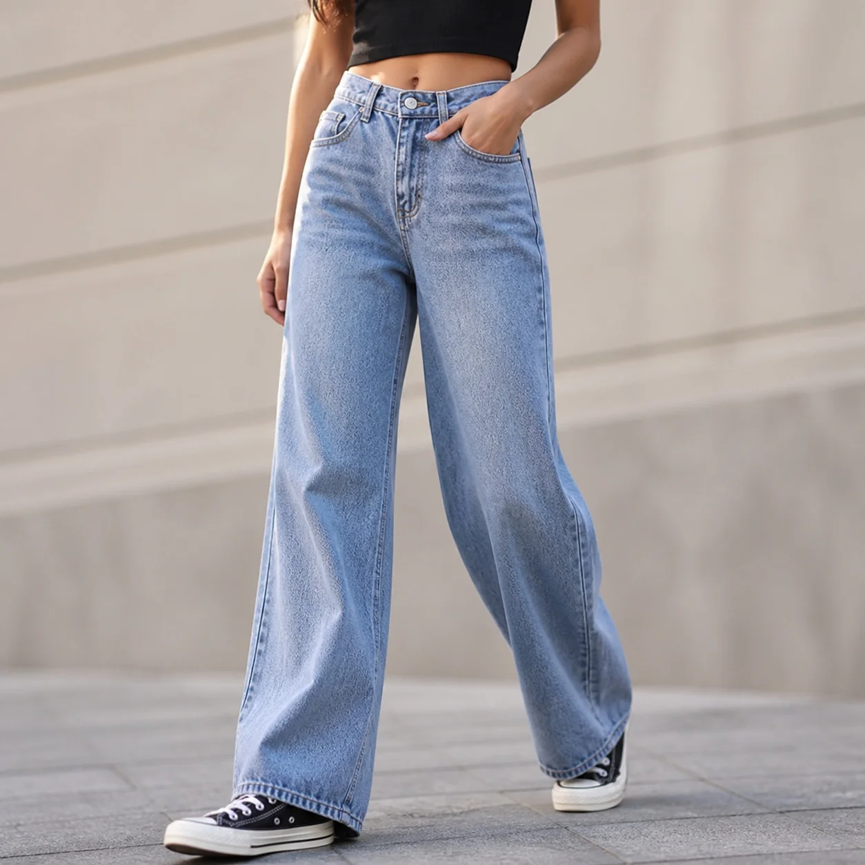 Women's Baggy High Waist Straight Leg Long Distressed Stone Washed Cotton Mid Weight Casual Jeans Women Light Wash Button Fly