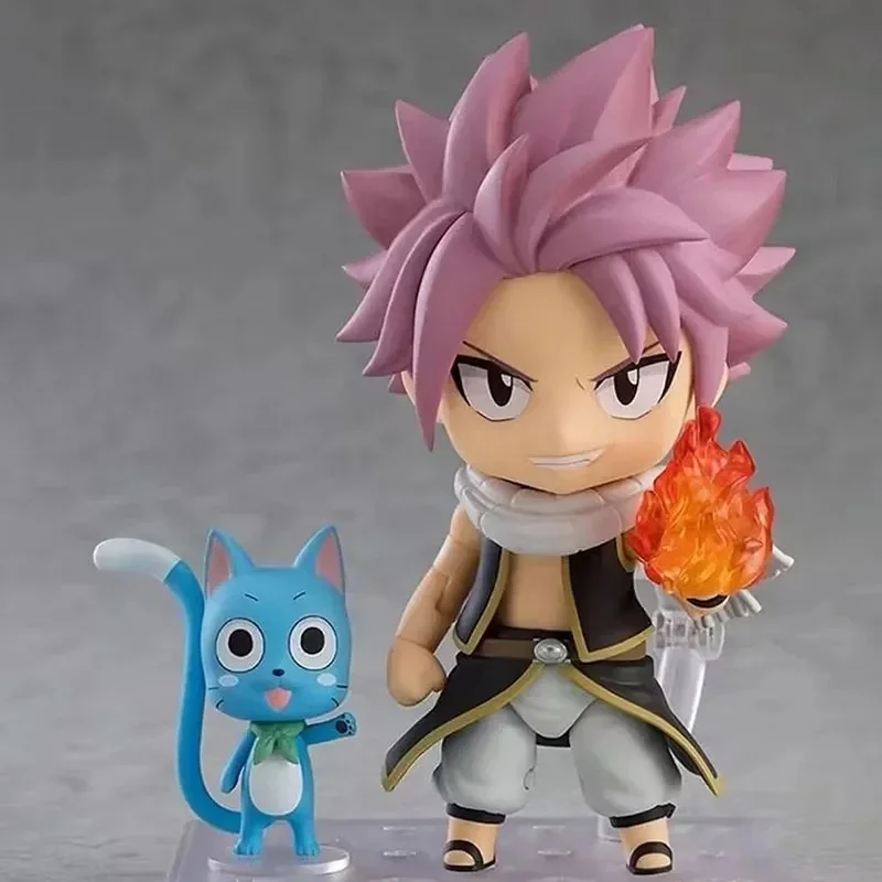 10cm Fairy Tail 1741 Natsu Dragneel Anime Action Figure Q Version Happy Model Toy Replaceable Faces Doll Desktop Ornament Gifts