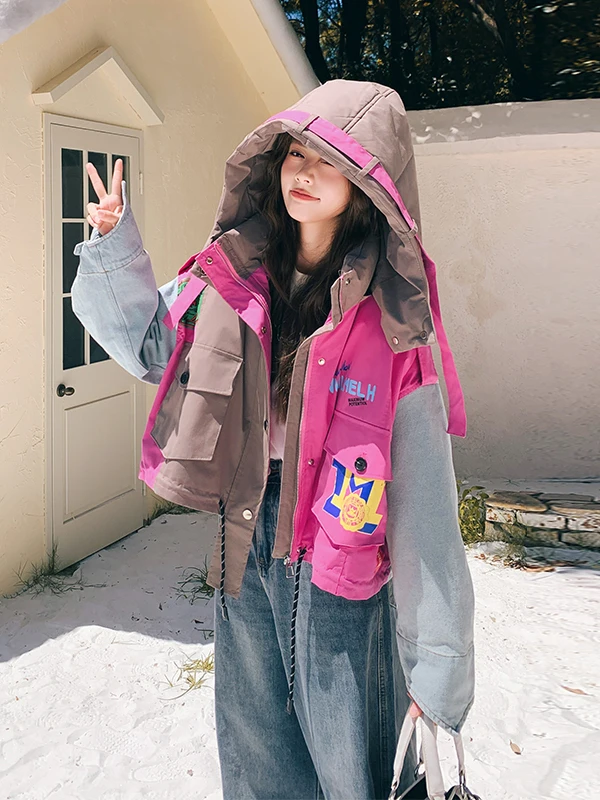 Casual dames denim patchwork kleur bloemenprint winterjas met rits, lange mouwen, warme voering