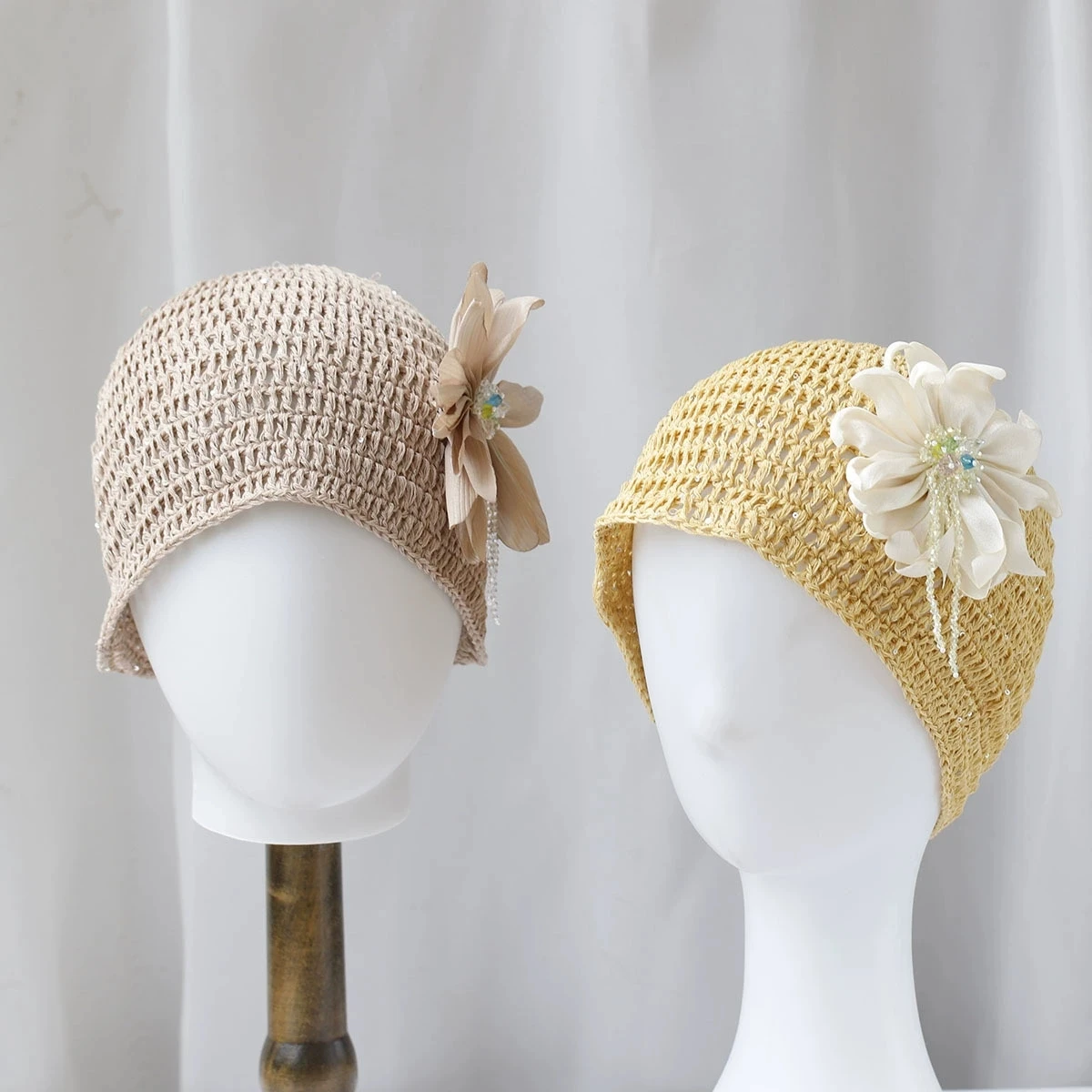 

Elegant Handmade Knitted Hollow Out Hat Women's Fancy Slimming Sequin Headscarf Cap with Flower Head Cap Girls Gift