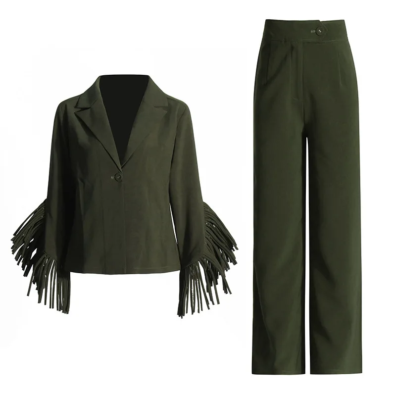 

[Vibe] 2025 New Fashion Commuter Two Piece Splicing Tassel Design Suit Elegant Coat+High Waist Wide Leg Pants Set for Women