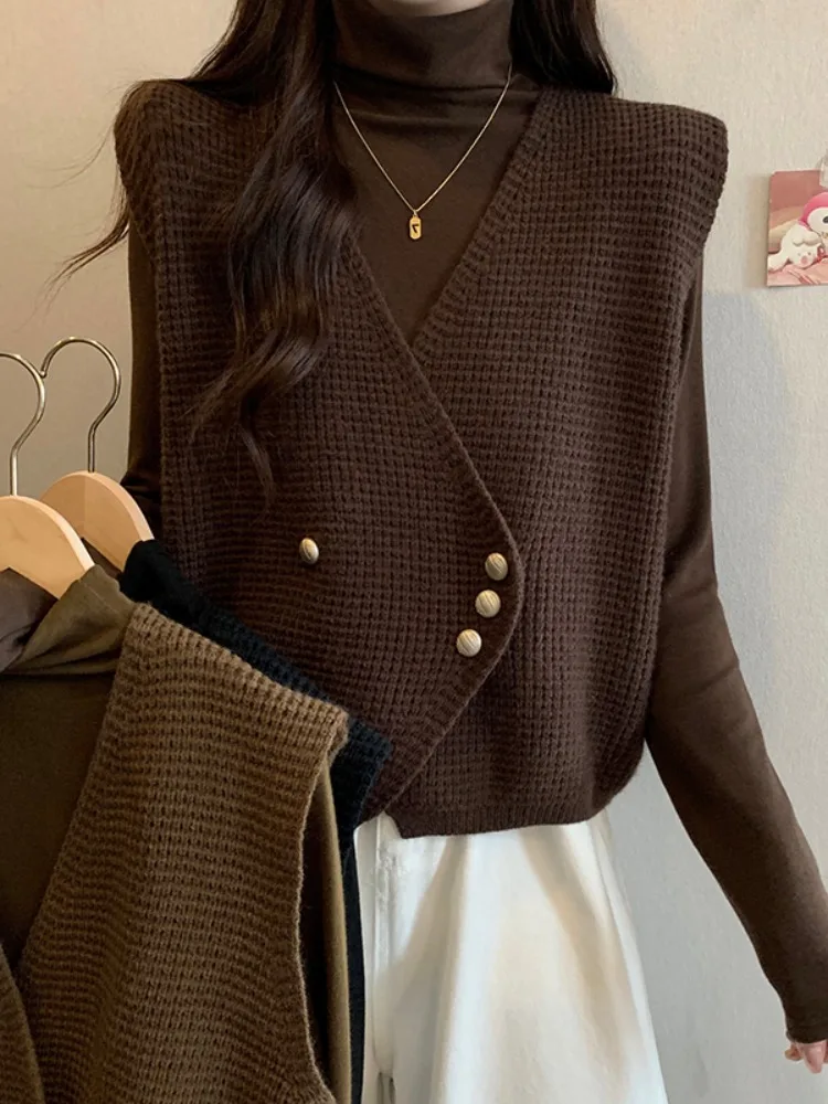 

Женский вязаный жилет с высоким воротником, утягивающий, для многослойных образов, больших размеров, модный весенний комплект из двух предметов