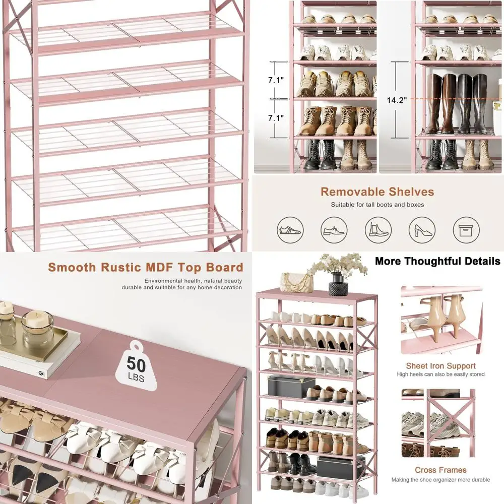 

Pink Heavy-Duty Metal Shoe Rack with Wooden Top Shelf for 24-32 Pairs Storage in Entryway or Closet