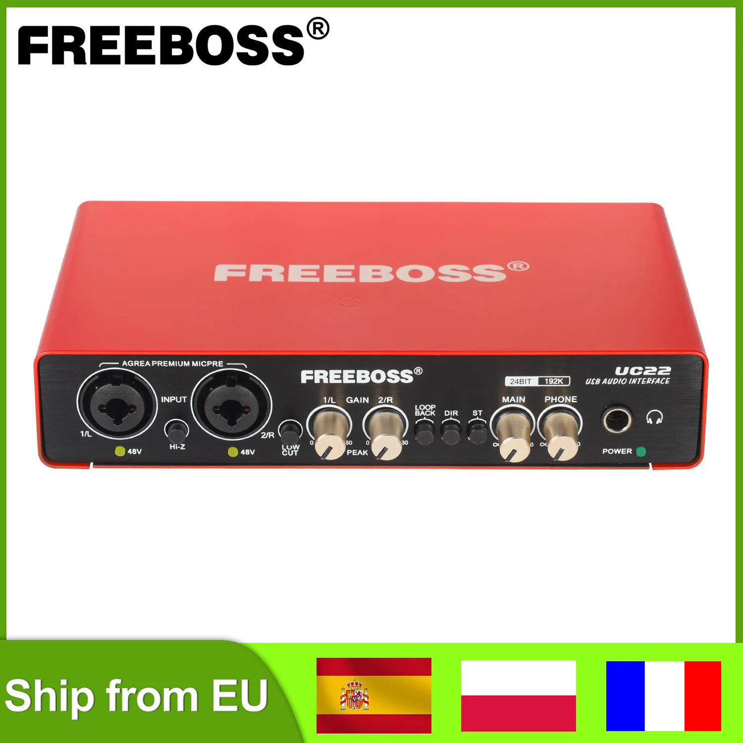 FREEBOSS 24Bit 192KHz Audio Interface Professional PC Stereo Recording Guitar 48V 2 XLR Mic Input USB External Sound Card UC22