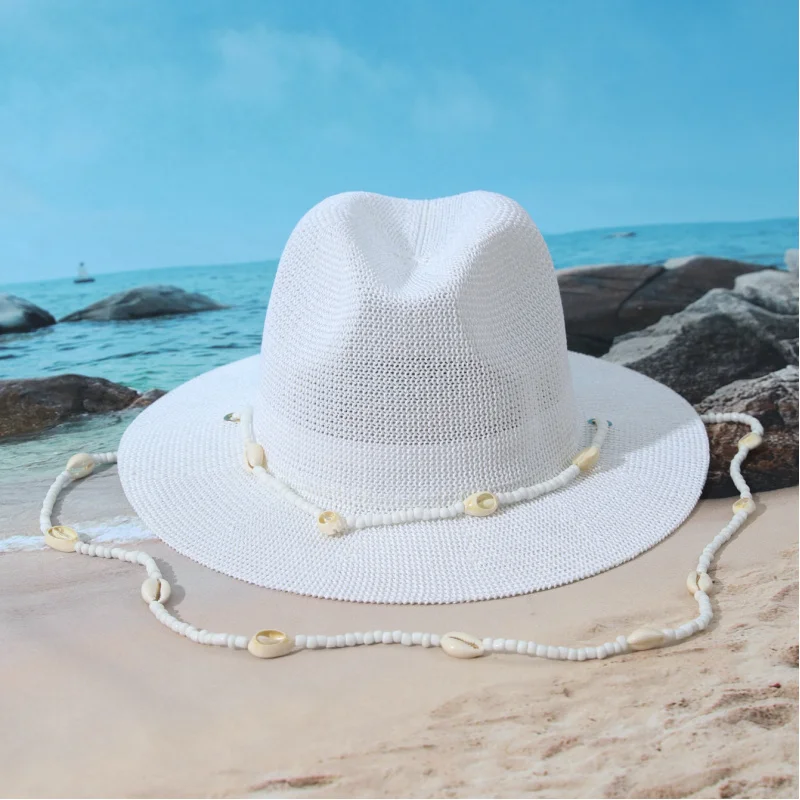 

Women's Summer Beach Hat Ladies' hollowed-out beach sun protection hats with chin chain shell style elegant straw caps