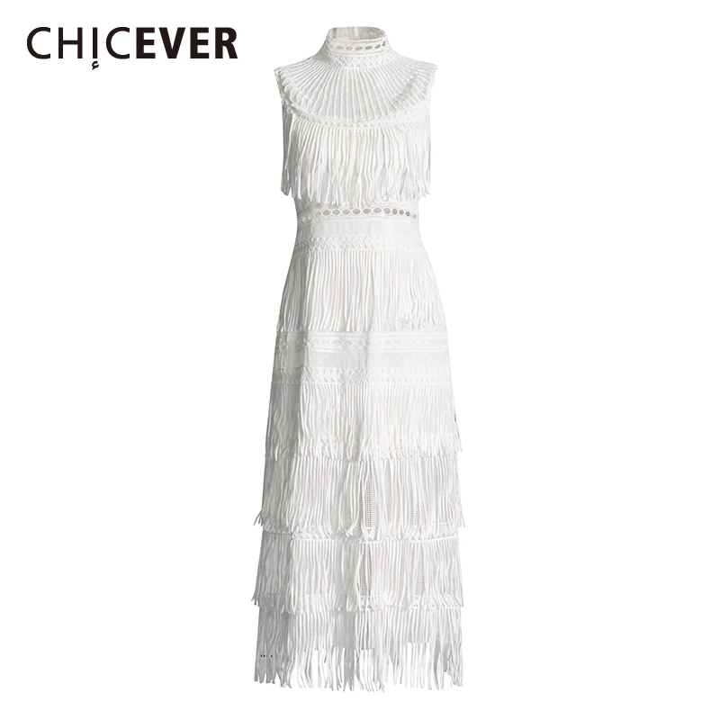 

CHICEVER Hollow Out Patchwork Tassel Dresses For Women Turtleneck Sleeveless High Waist Temperament Long Dress Female Summer New