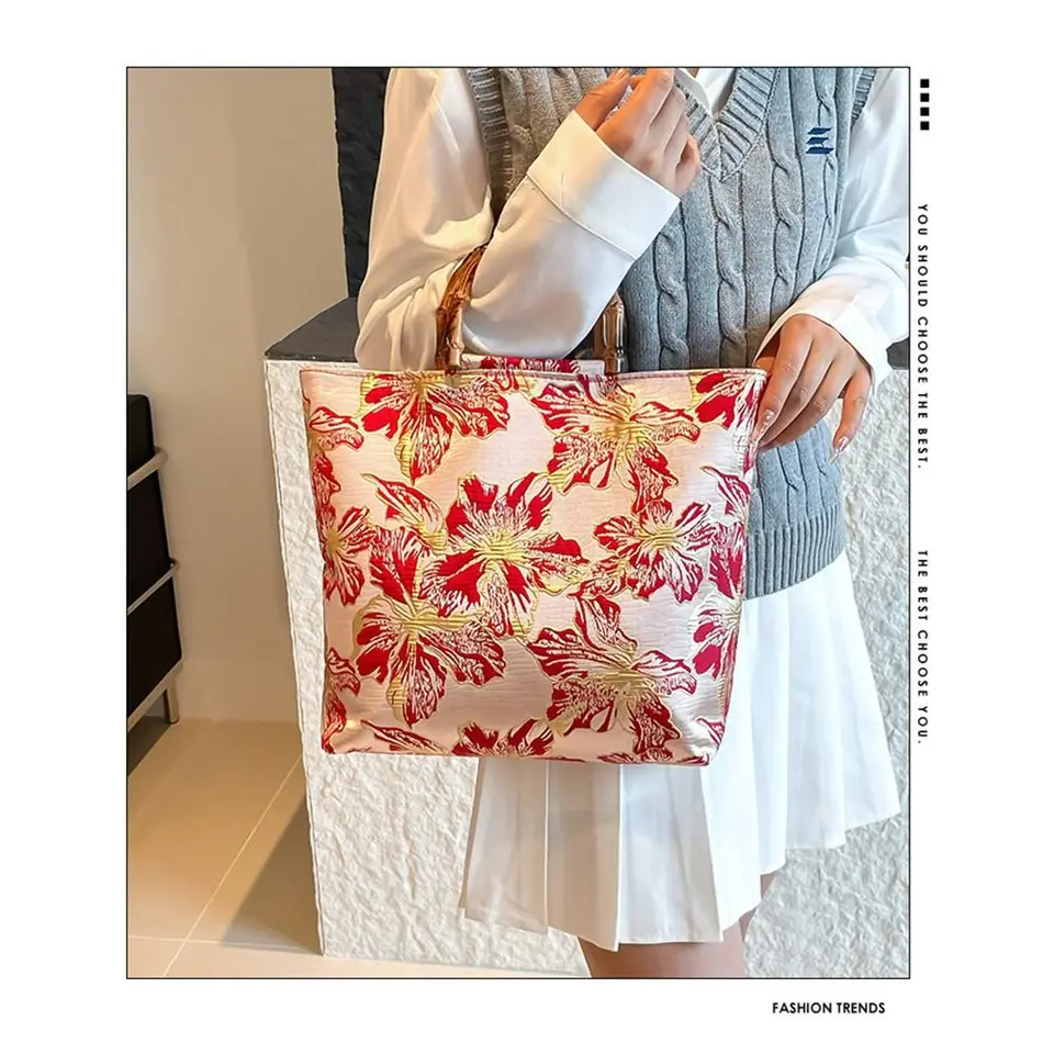 竹節キャンバストートバッグ 大容量 刺繍デザイン ジャカード