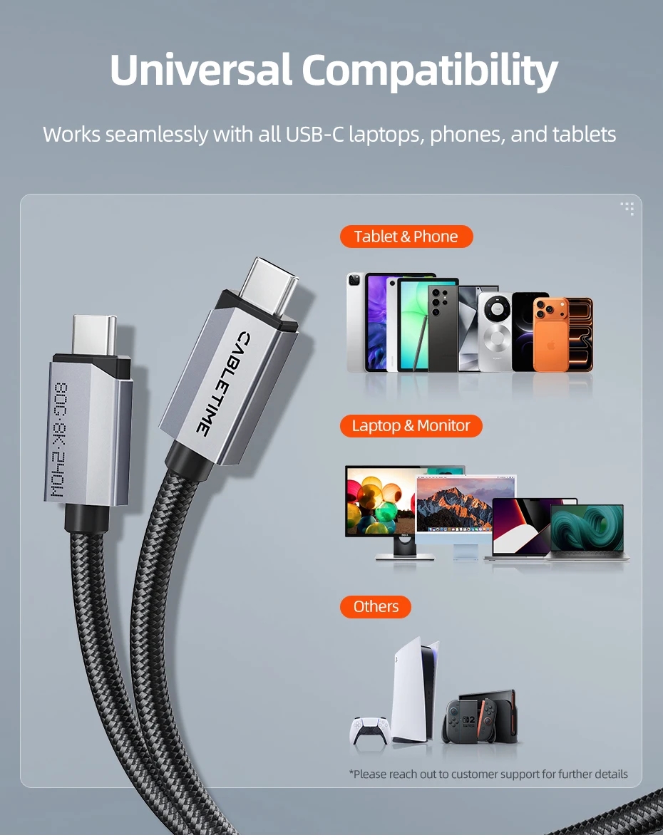 CABLETIME USB4 V2.0 Kabel 80Gbps Datenübertragung 8K@60Hz 240W Ultra-Speed PD 3.1 Geflochtene Ummantelung für Handy, Monitor, PS5 – Detail 9