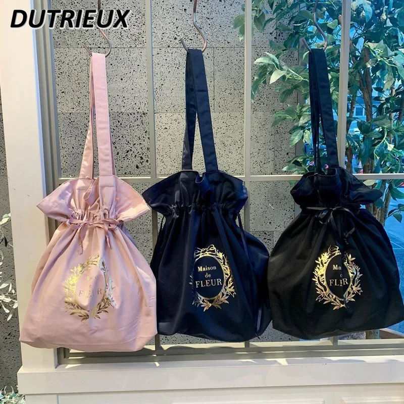 Japanese Style 2024 New Drawstring Satin Storage Shopping Bag for Lady Sweet Cute Casual Shoulder Portable Simple Women's Bags