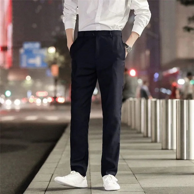 Male Suit Trousers Tressed Elastic Black Slim Fit Stretch Korean Men's Summer Pants Reviews Many Luxury Fabric Slacks Luxury Up