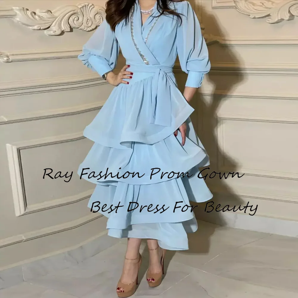 

Ray Fashion A Line Evening Dress V Neck With Long Sleeves Tiered Ruffle For Women Formal Occasion فساتين سهرة Saudi Arabia