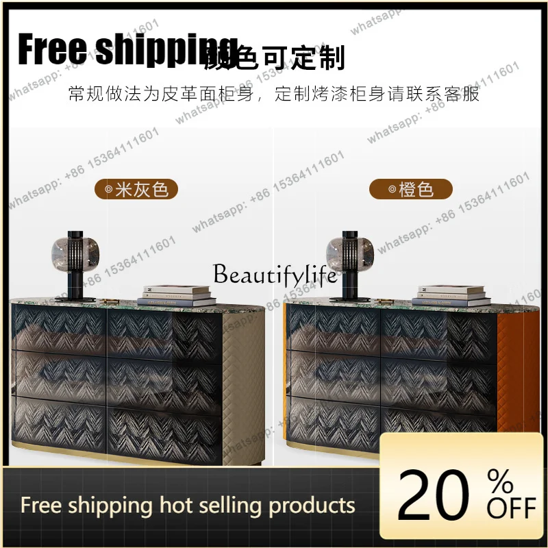 JJ Premium Light Luxury Wood Grain Paint Marble Dining Side Cabinet Bedroom Bedside Drawer Storage Cabinet