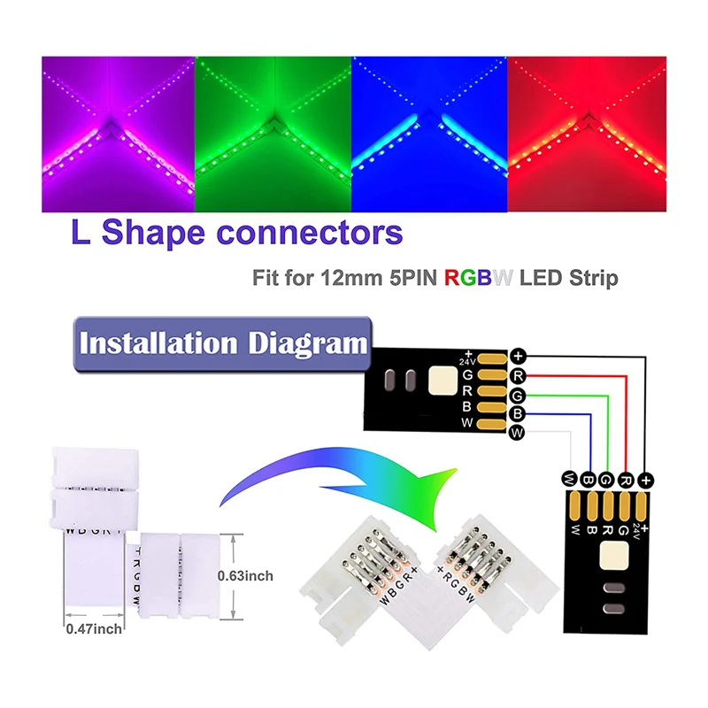 Kit de conector de tira LED de 5 pines, tira LED para conexión de RGBW de 12Mm, incluye forma de T, conector LED RGBW de 5 pines