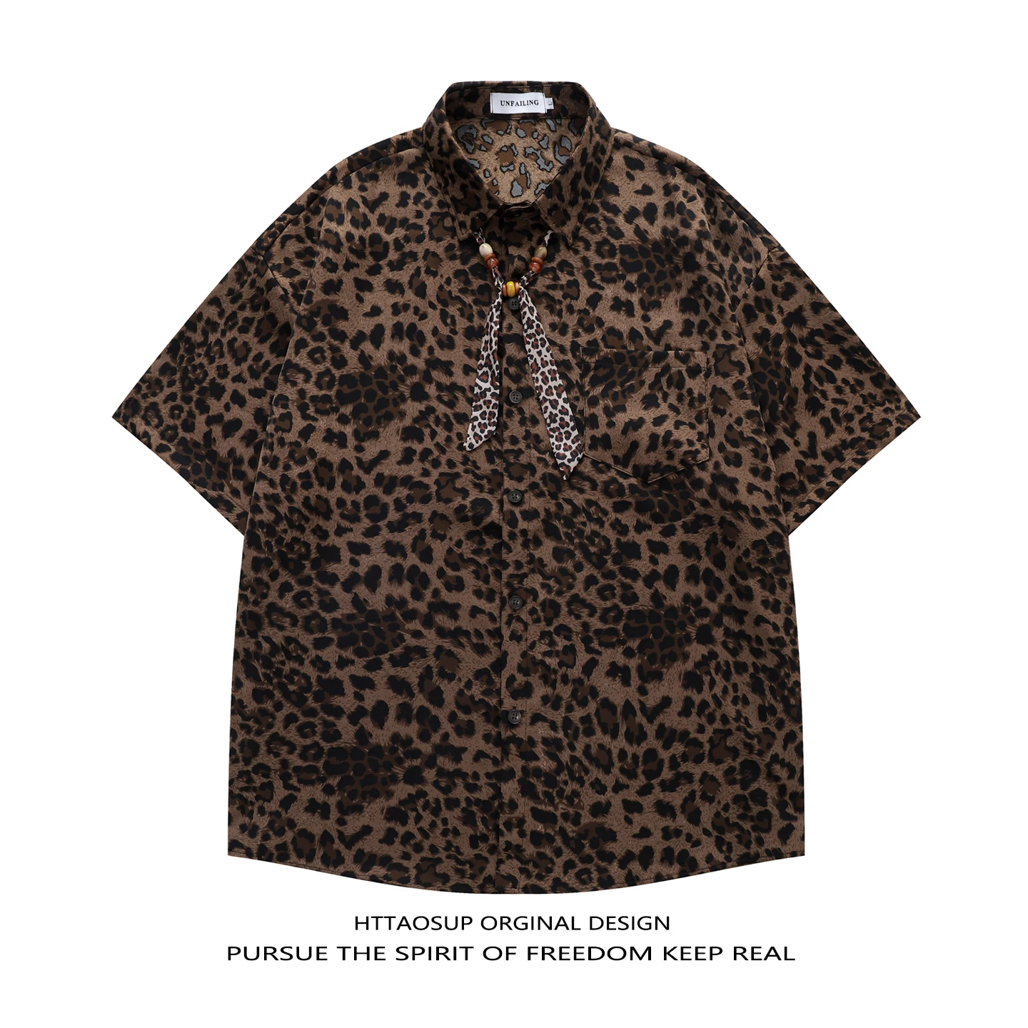 

HTTAOSUP Bead Tie Leopard Print Short Sleeve Casual Shirt Men's Loose Fit Retro Style Button up Top for Couples