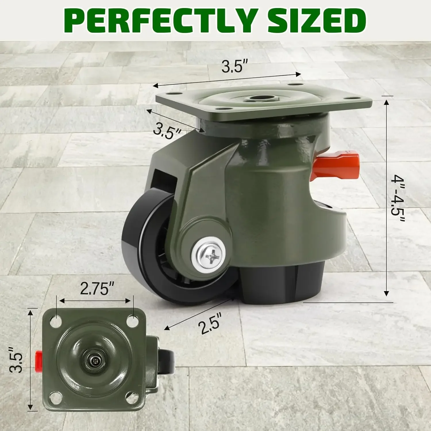 Casters Set of 4, Workbench Casters with Ratchet Arm, 3300 LBS, Green Heavy Duty Retractable Leveling Machine Casters, Nylon Whe