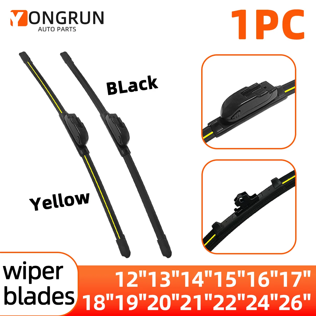 

YONGRUN, 1 шт., щетки стеклоочистителя автомобиля, 12 дюймов, 13 дюймов, 14 дюймов, 15 дюймов, 16 дюймов, 17 дюймов, 19 дюймов, 20 дюймов, 21 дюймов, 22 дюйма, 24 дюйма, 26 дюймов, универсальные сменные щетки стеклоочистители с крюка