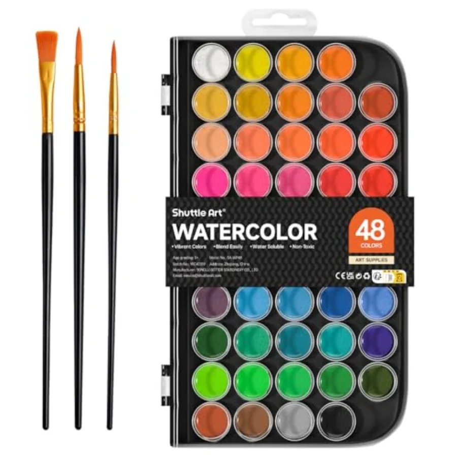 Watercolor Paint Set, 48 Colors Watercolor Paint Pan Set with 3 Paint Brushes for Beginners, Artists, and Adults for Painting,