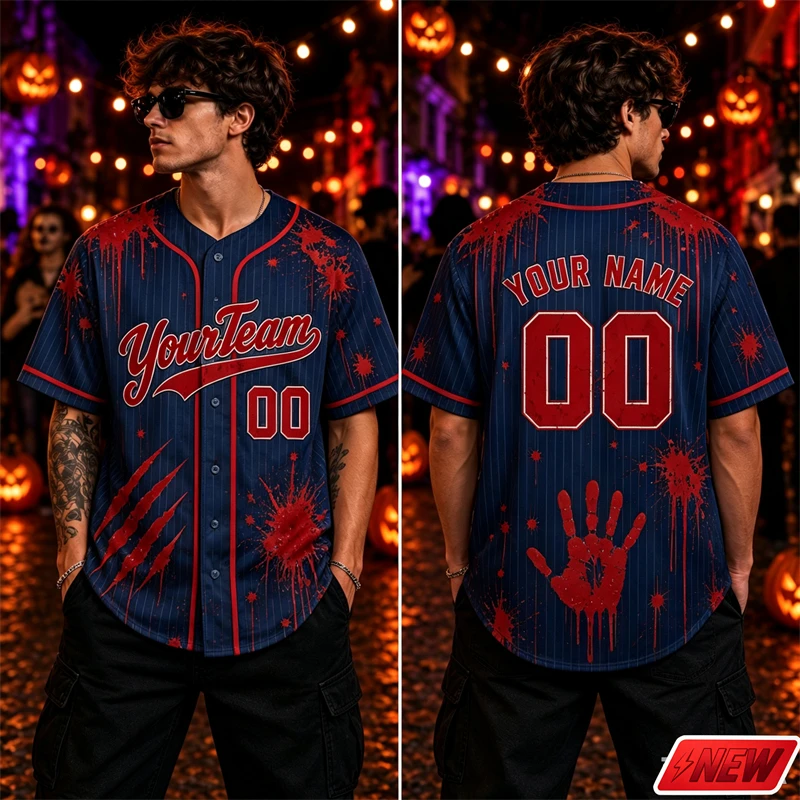 Halloween Horror Custom Name Baseball Jersey Men Short Sleeve Shirt 3d Print Blood Splatter Pattern Unisex Party Casual Tops
