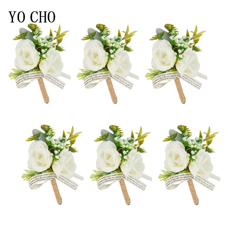 Boutonnières en Rose ivoire blanc, 6 pièces, pour marié et meilleur homme, avec fleur artificielle pour cérémonie de mariage