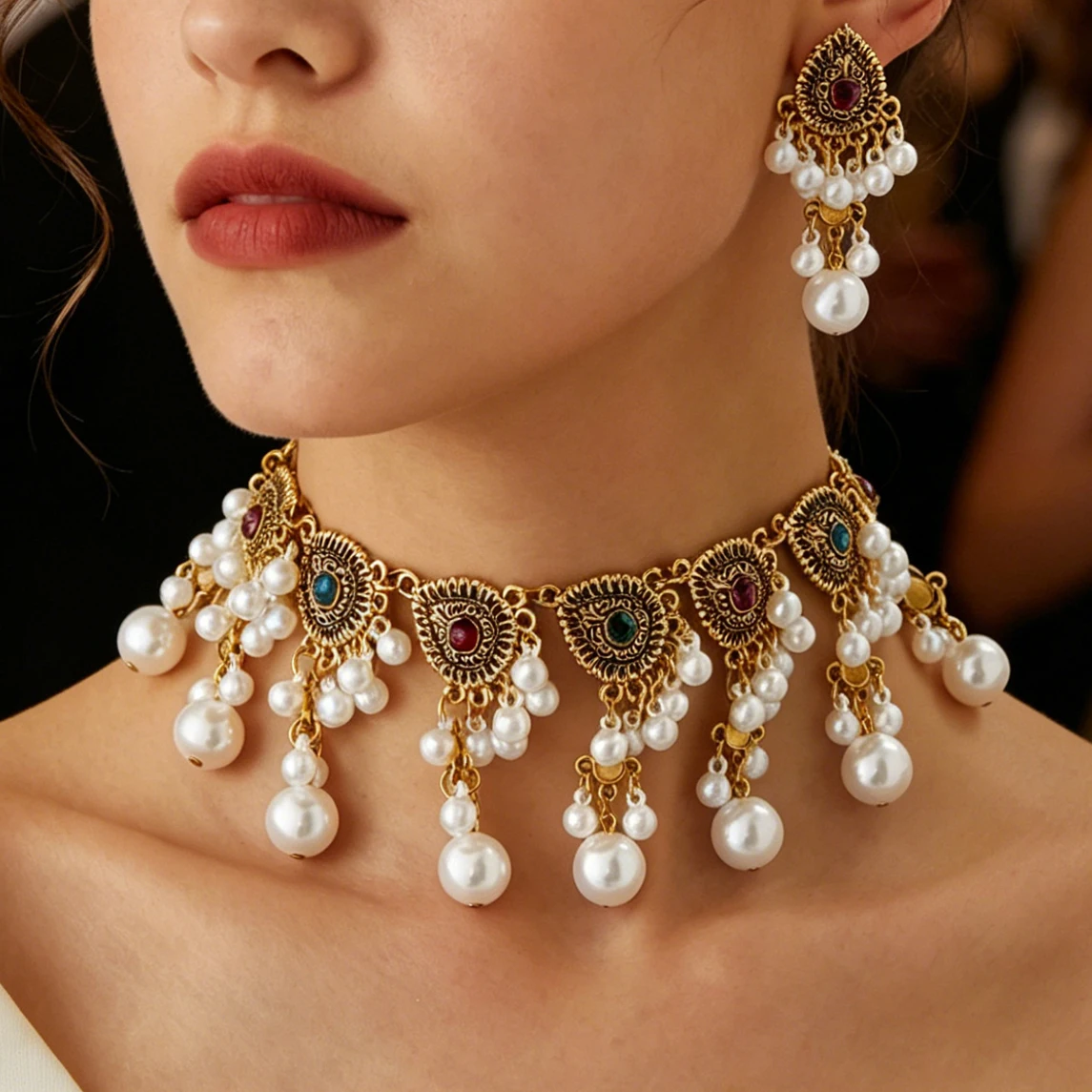 Boho Ethnic Retro Imitation Pearls Water Drop Tassel Necklace Earrings Women Jewelry Sets Indian Statement Big Choker Necklace