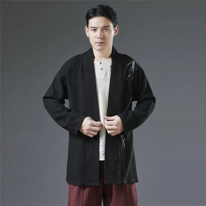 

Черный свободный костюм Тан с длинными рукавами в китайском стиле Hanfu с принтом конопли, топы, мужской кардиган в национальном стиле, традиционная одежда