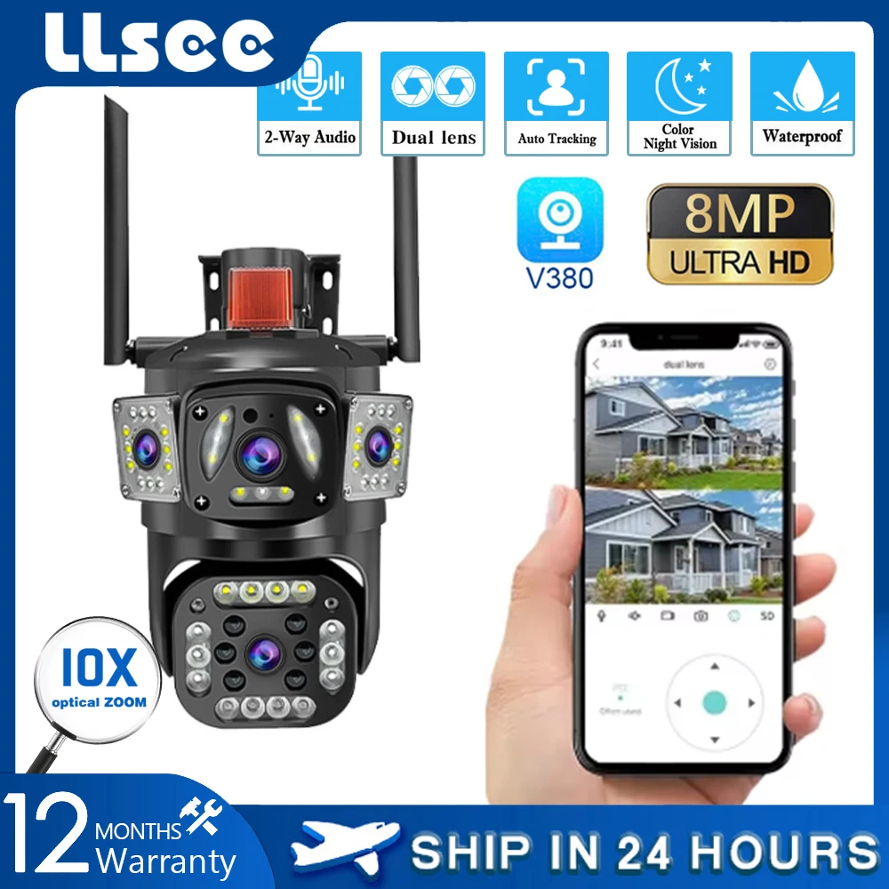 LLSEE 4K,Dual lens,V380 8MP,wireless CCTV camera PTZ,10X zoom,IP security camera 4G SIM card,CCTV outdoor waterproof,WiFi camera