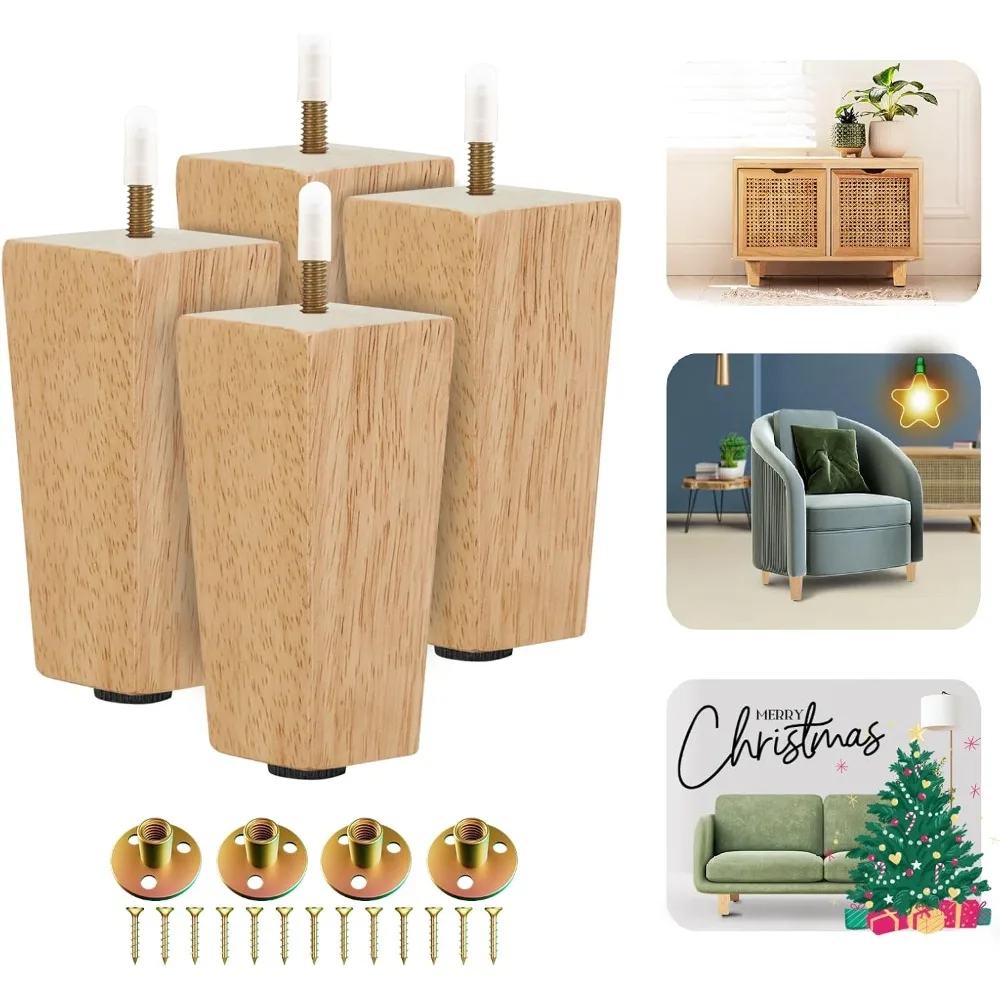 

4.5 Inches Square Wood Furniture Legs Set of 4 - Wooden Replacement Feet for Couch, Bed, Bench - Adjustable Sofa, Ottoma