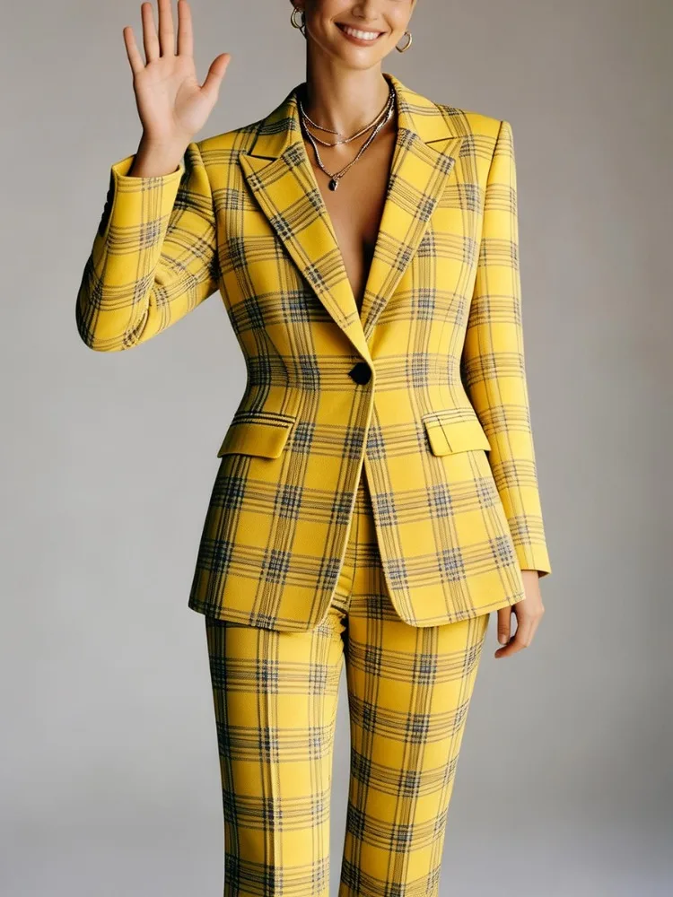 Yeezzi Office Lady Contrast Color Plaid Notched Collar Blazer 2026 New Long Sleeves Single Button Urban Casual Work Suit Jackets