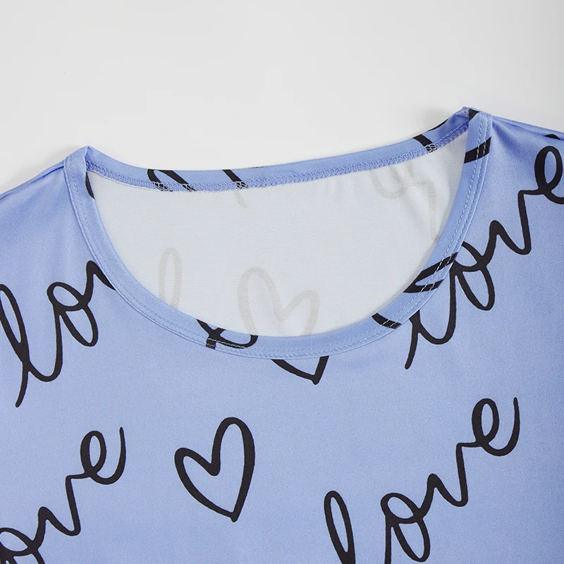 Heart Letters Print Satin Pyjama Set For Women Short-Sleeve Round Neck Top And Shorts Loose Relaxed Fit Sleepware Nightshirt Pjs