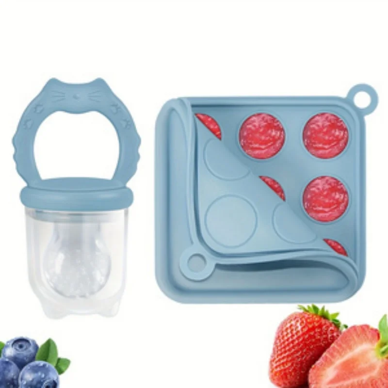 2pcs/set Baby Feeding Set: 1pc Fruit Feeder, 1pc Ice Cube Tray with Lid for Freezer, Breast Milk and Fresh Food Freezer Mold