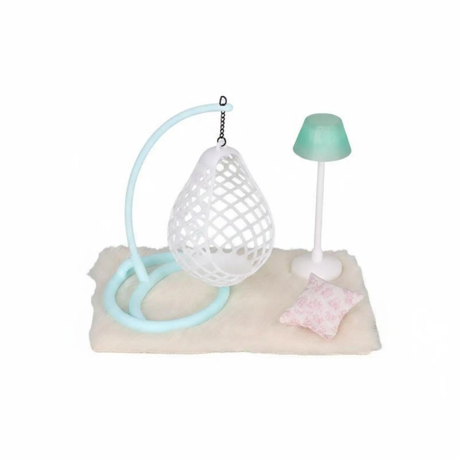 Miniature Hanging Seat Dollhouse Mini Chair Set with Floor Lamp Plush Rug for 1 view 2