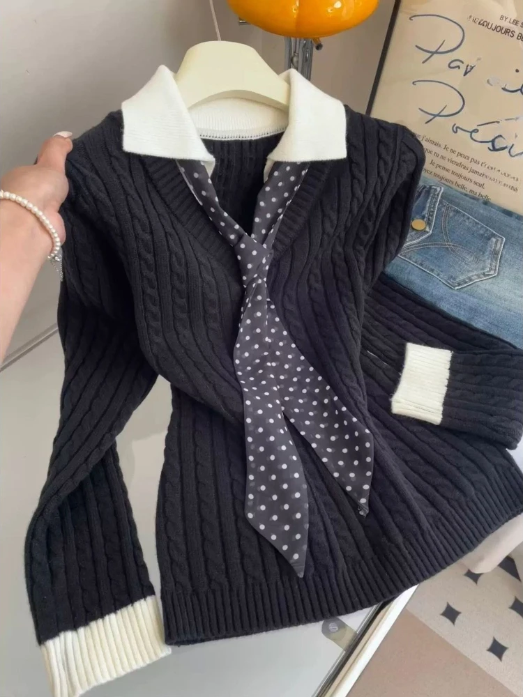 Y2k Korean Fashion Sweet Patchwork Sweater 2000s Subculture Slim Pullover Sweaters Harajuku Vintage Streetwear Polo Neck Jumpers