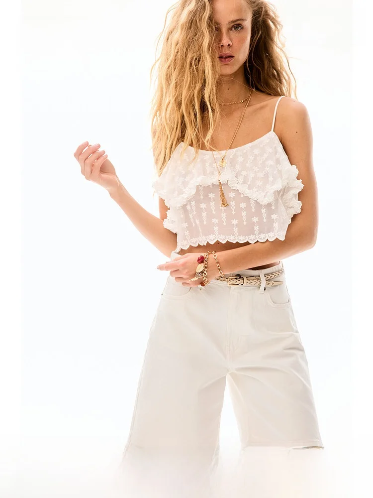 

H&M Women's Straight Leg Bermuda Shorts American Style Simple Summer Jeans High Waist Five-Quarter Length Casual Cotton Denim